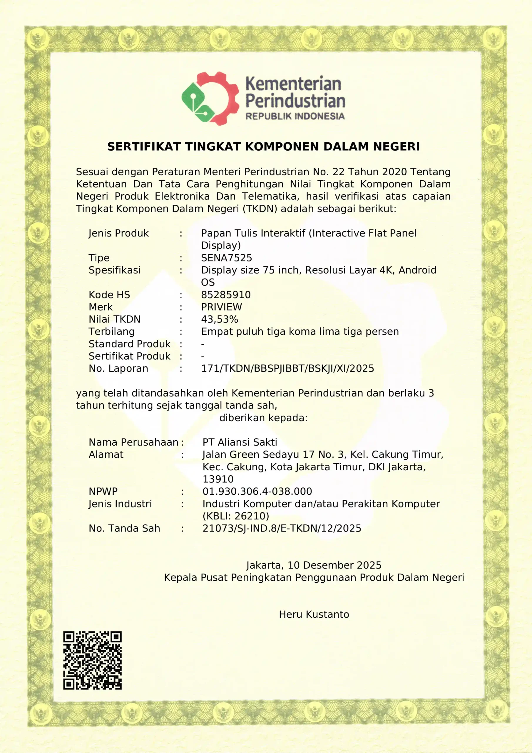 Sertifikat TKDN SENA 75